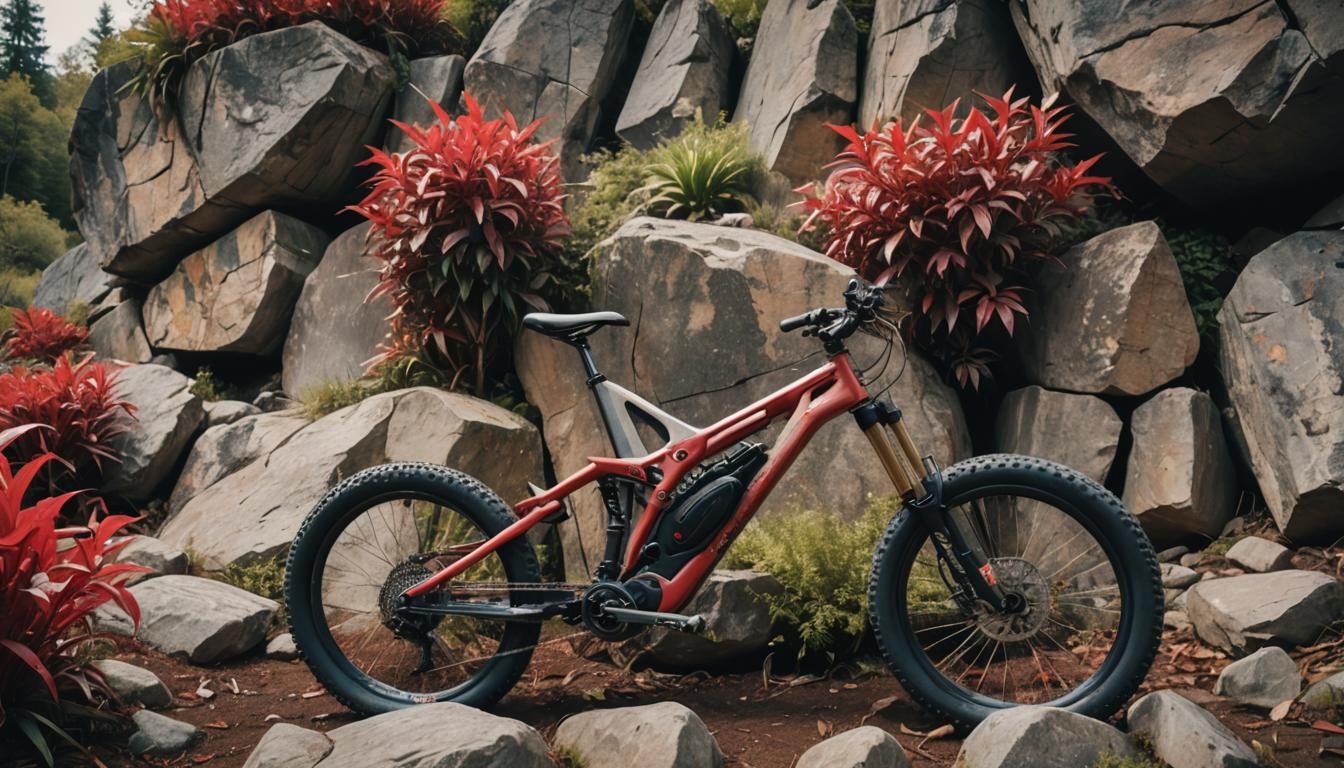 Wooden Mountain Bike Against Red Plant Wall