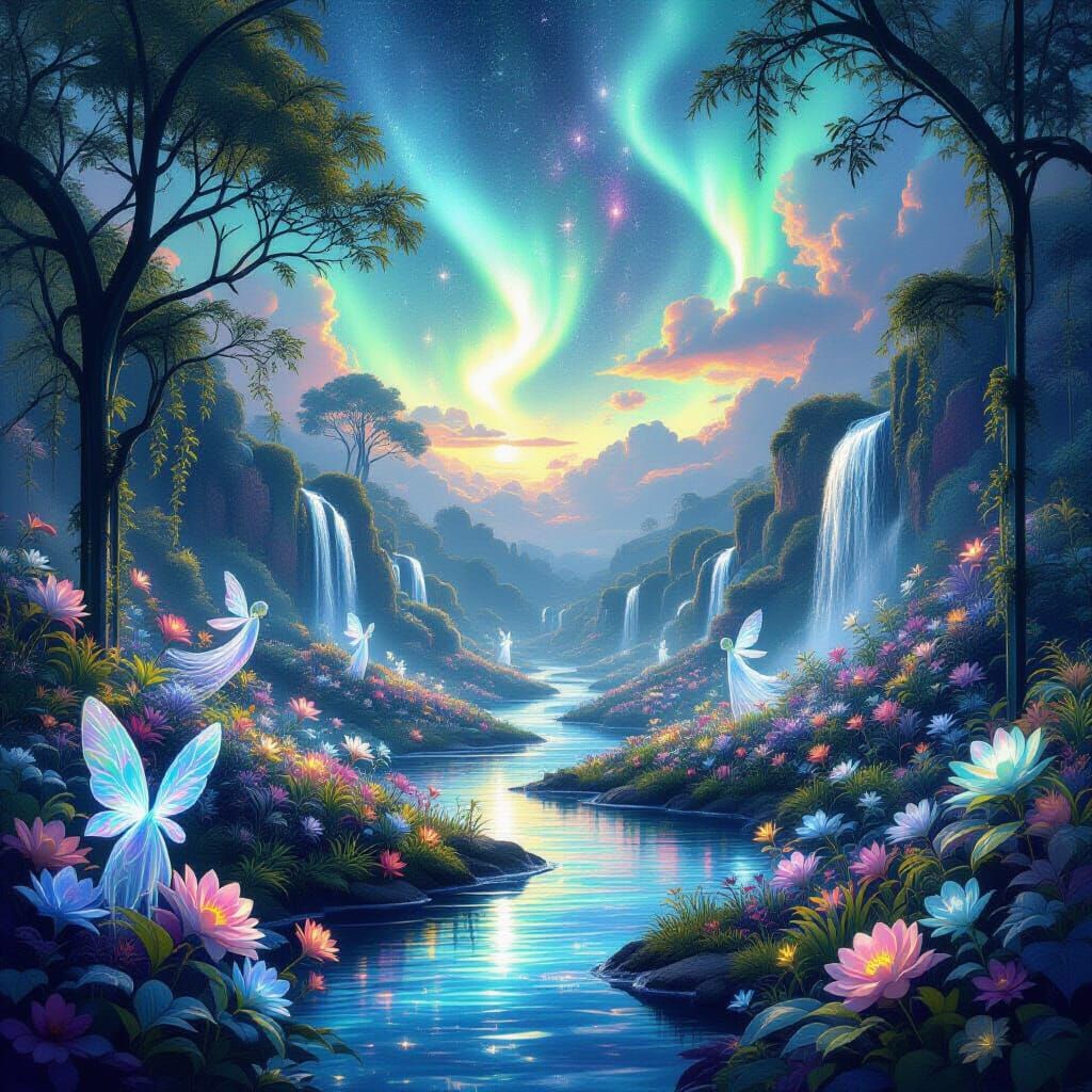 Ethereal Garden Floating in the Cosmos: Hyperrealistic Style