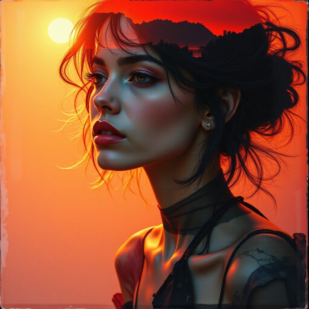 Double exposure photography; side profile portrait of a Myst...