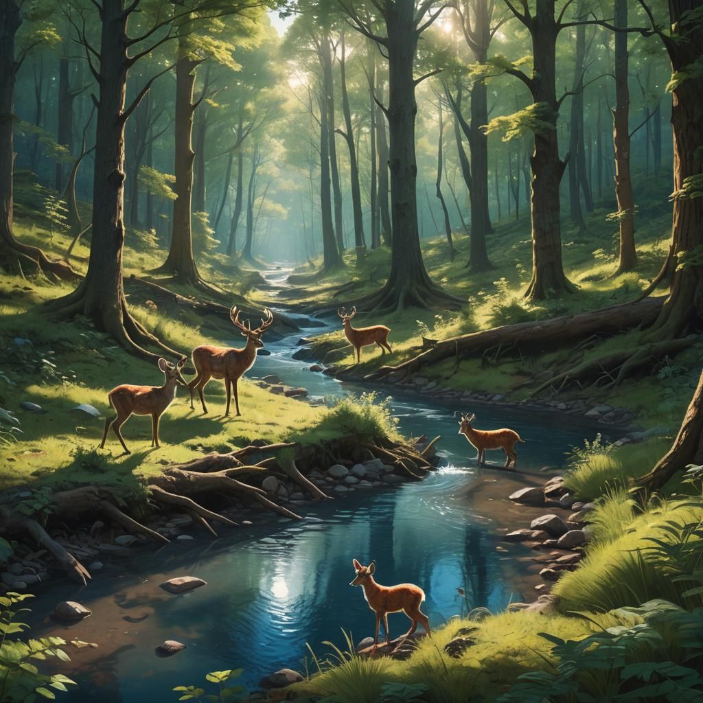 Deer and Fox Playing by Creek: Matte Painting