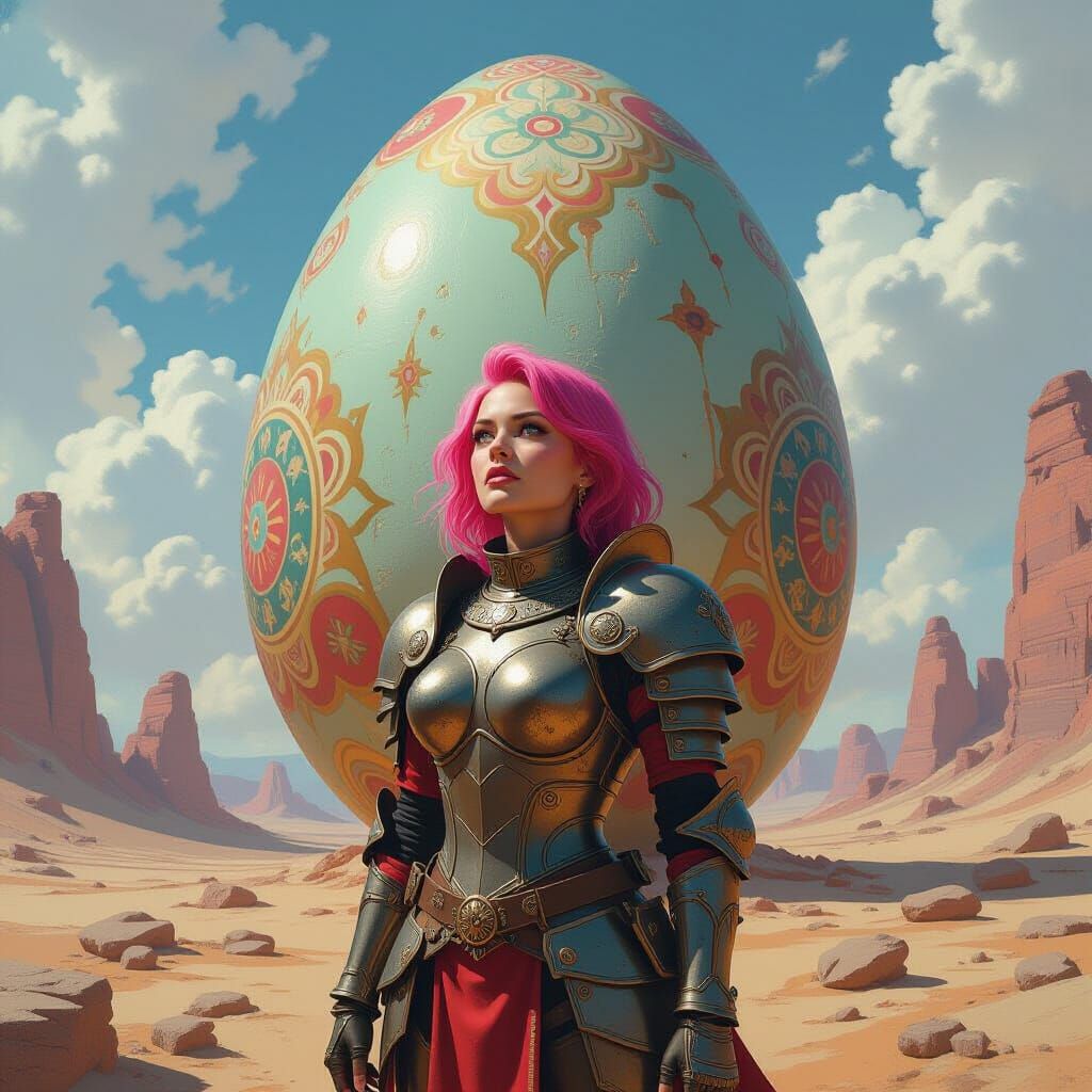 Armored Woman Guarding Egg in Alien Landscape
