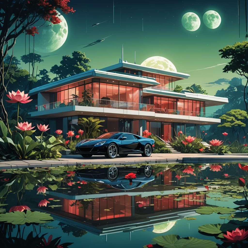 Futuristic House and Bullet Bike on Serene Lake