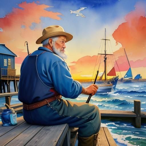 Fisherman on Pier in Gouache Watercolor Impressionist Style