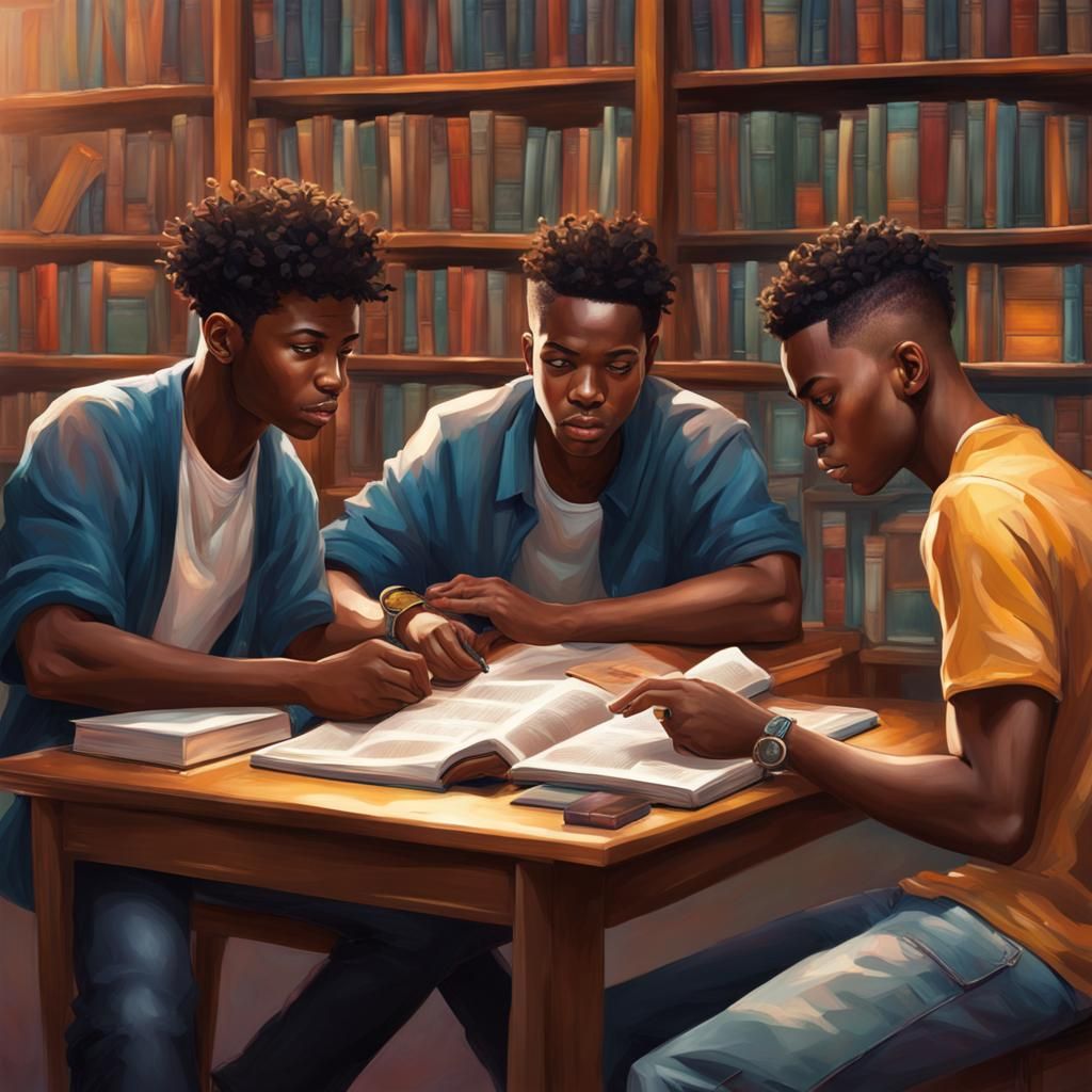 Young Men Reading in Library: Hyperrealistic Splash Art