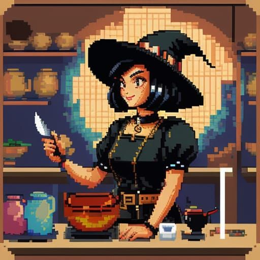 Pixel Art Witch in Retro Shopping Screen