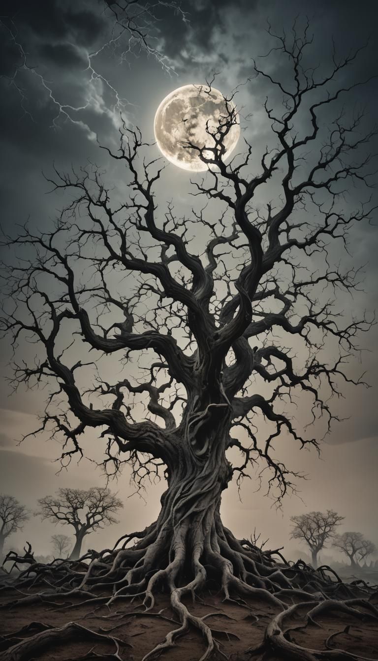 Eerie Twisted Tree Under Moonlight: Surreal Scene
