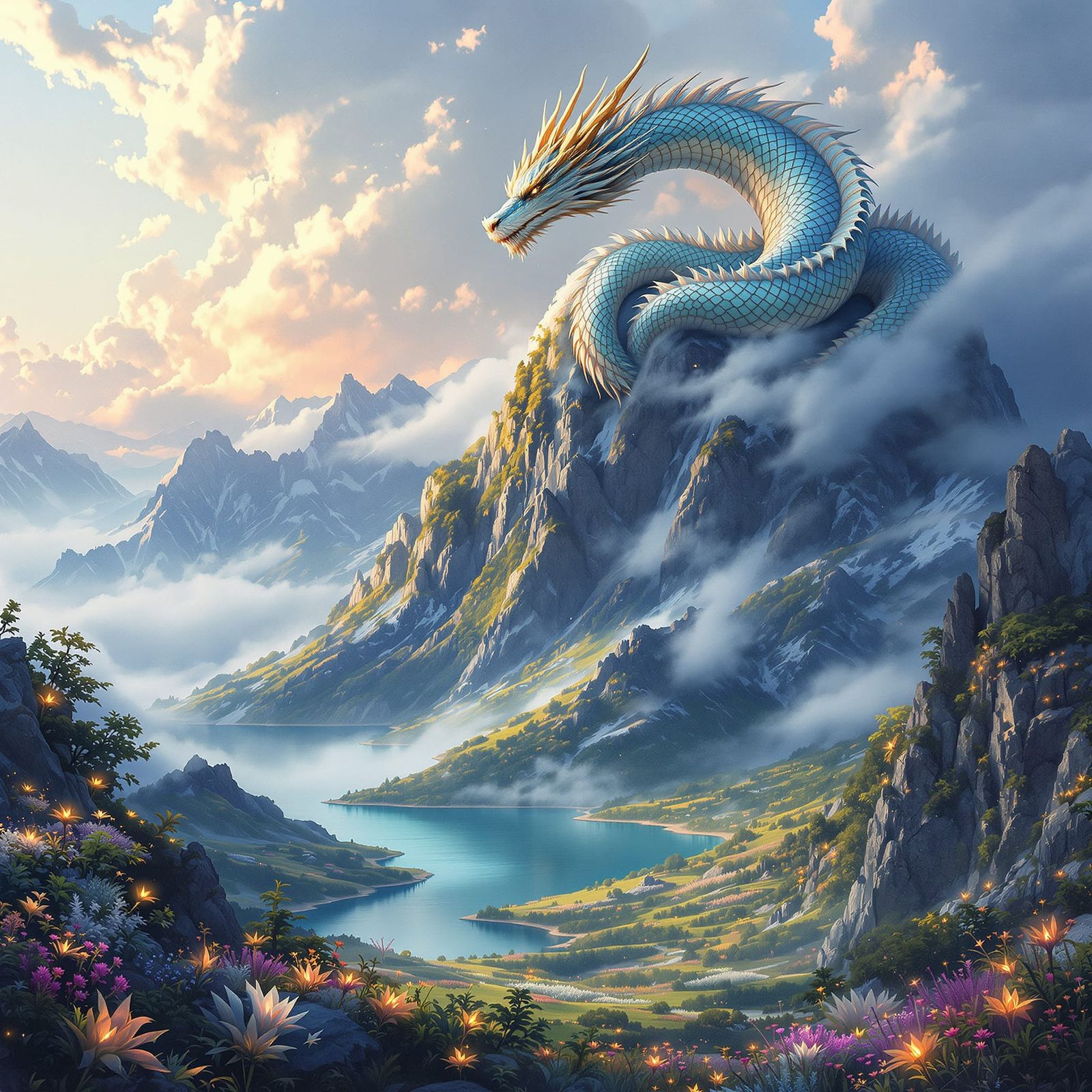 Majestic Dragon on Cloud Mountain Peak at Dawn