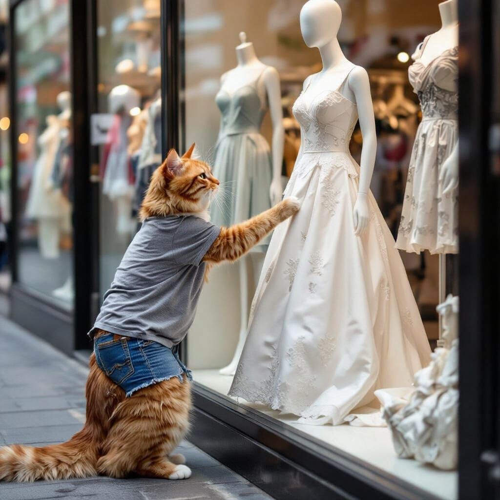 Anthropomorphic Cat Admiring Wedding Dress in Store Window