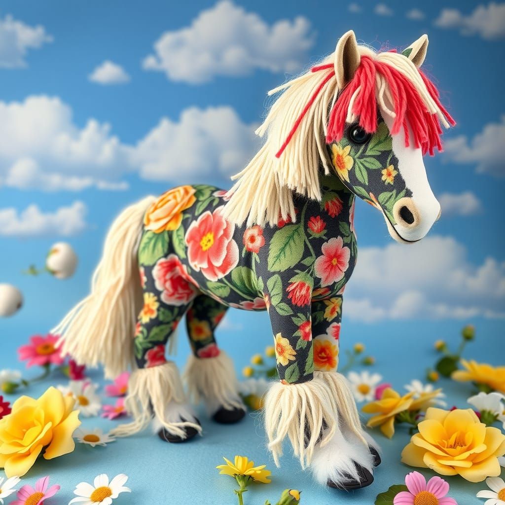 Vibrant Floral Shetland Pony in Whimsical Silk Flower Meadow