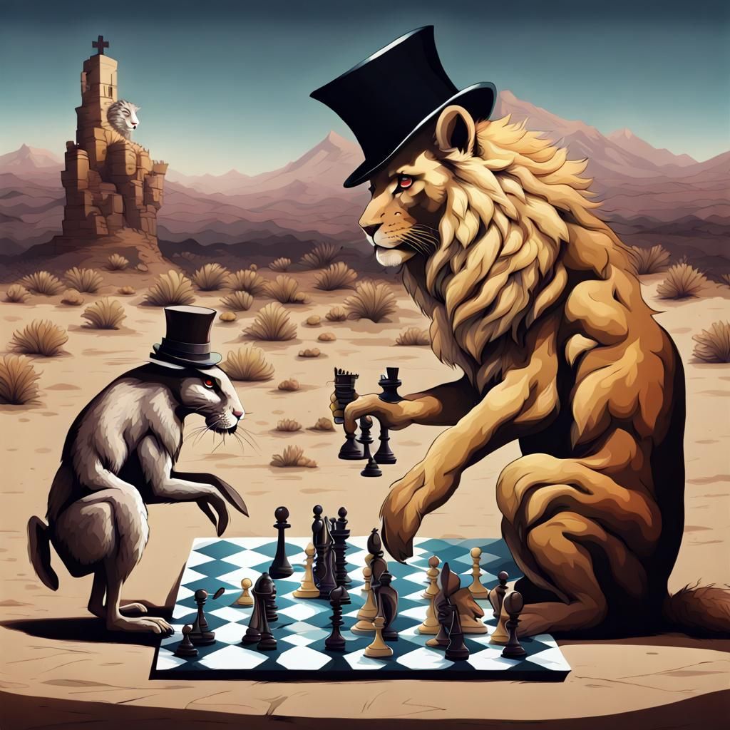 Rabbit with top hat playing chess with a lion abstract horror