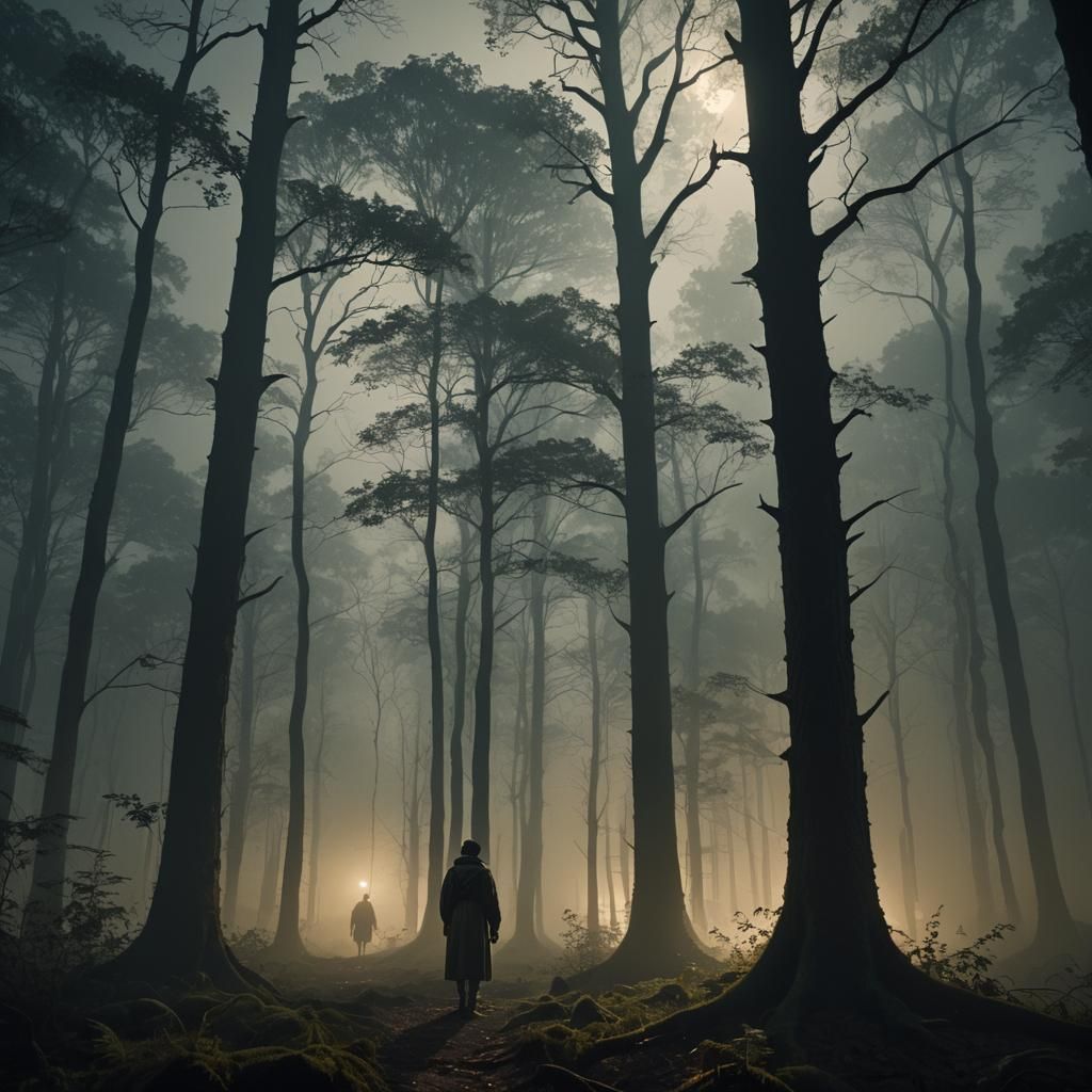 Mystical Figure in Moonlit Forest: Cinematic Still