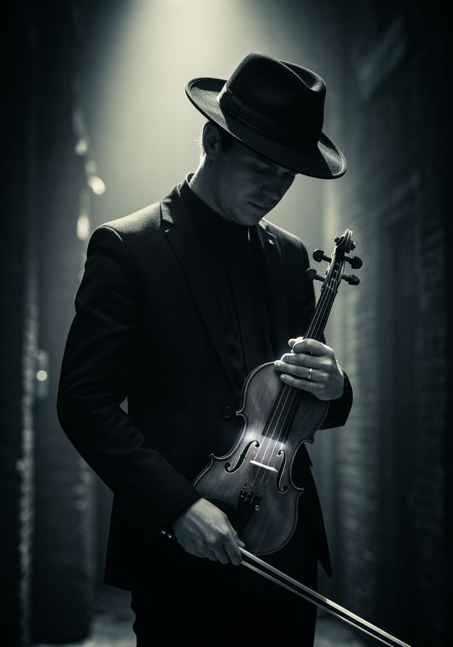 Musician Plays Violin Under Glowing Moon in Fantasy Noir