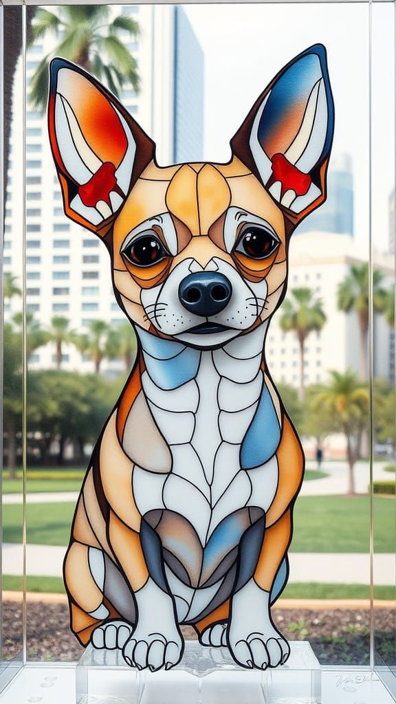 Stained Glass Ice Sculpture Chihuahua in Minimalist Op_Art S...