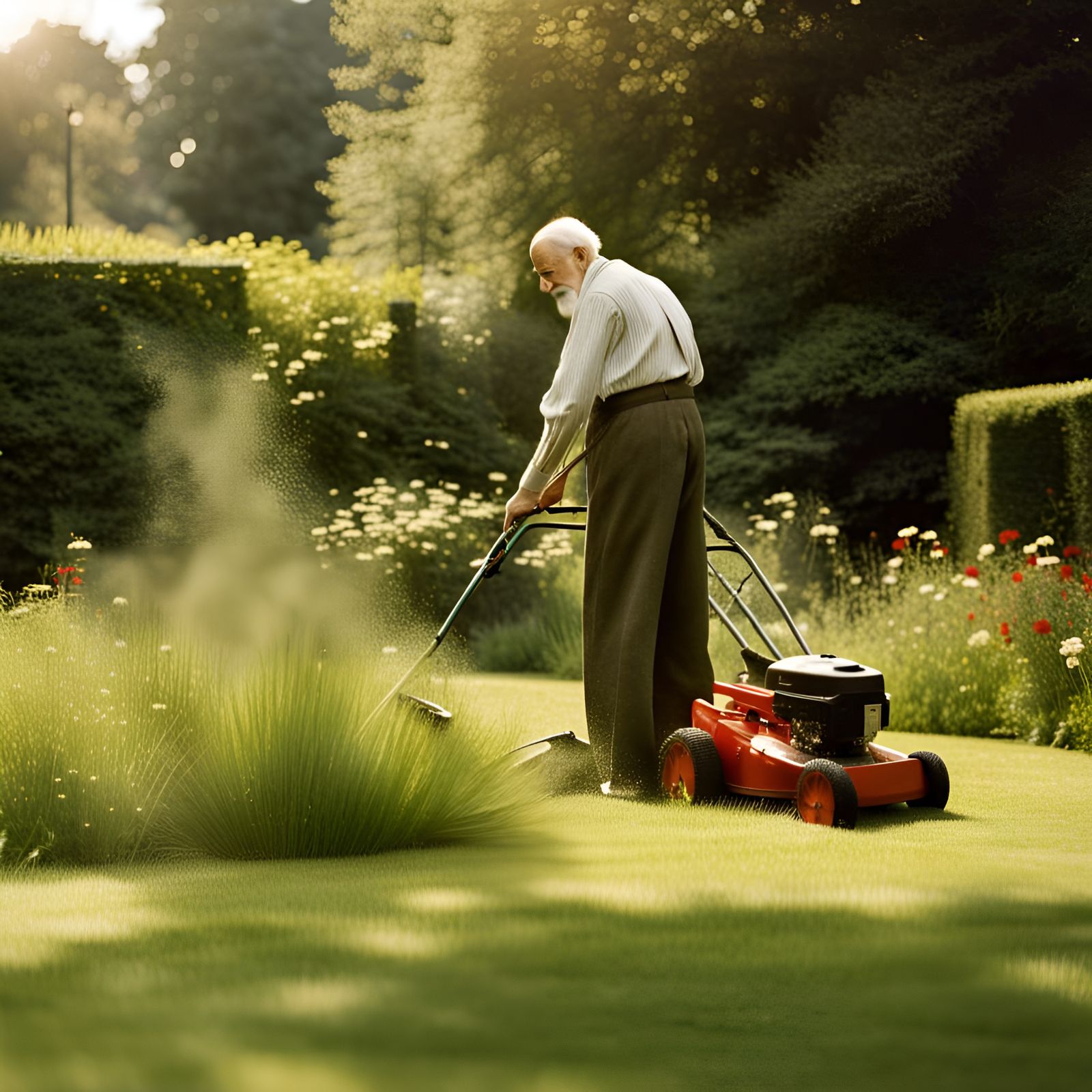 Sigmund Freud Mowing Lawn in Vienna Garden