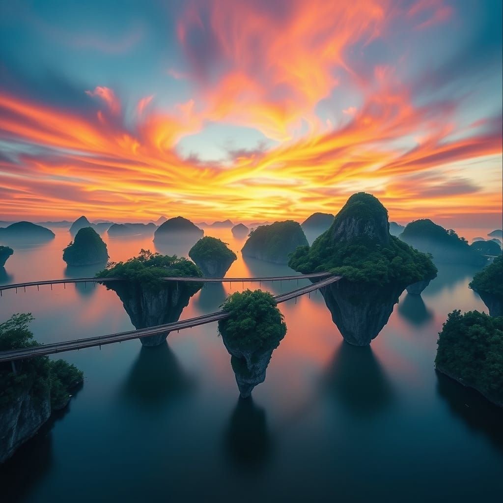 Floating Rainforest Islands Amidst a Sunset Sky