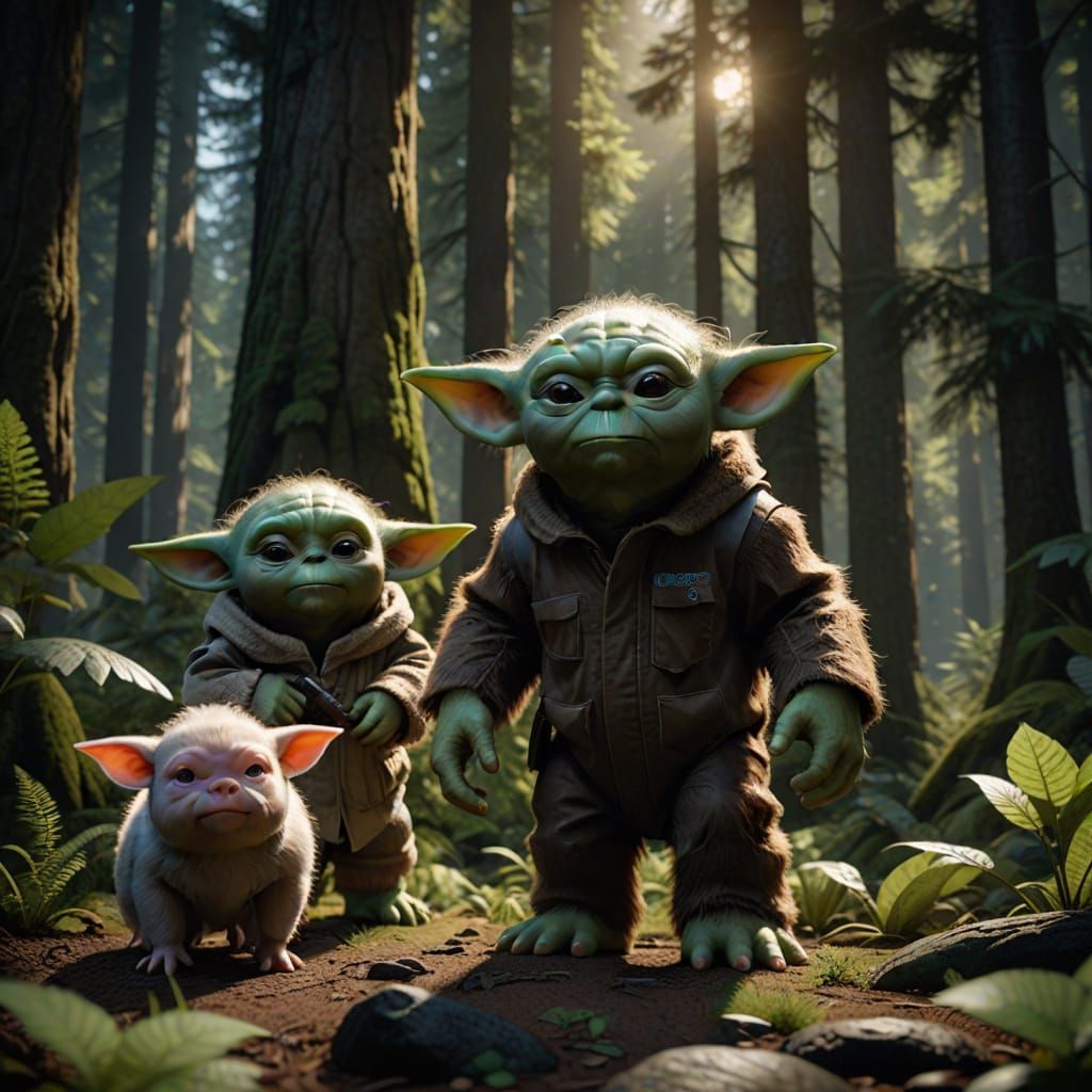 Bigfoot, Baby Yoda, and Pig in Realistic Forest 3D Render