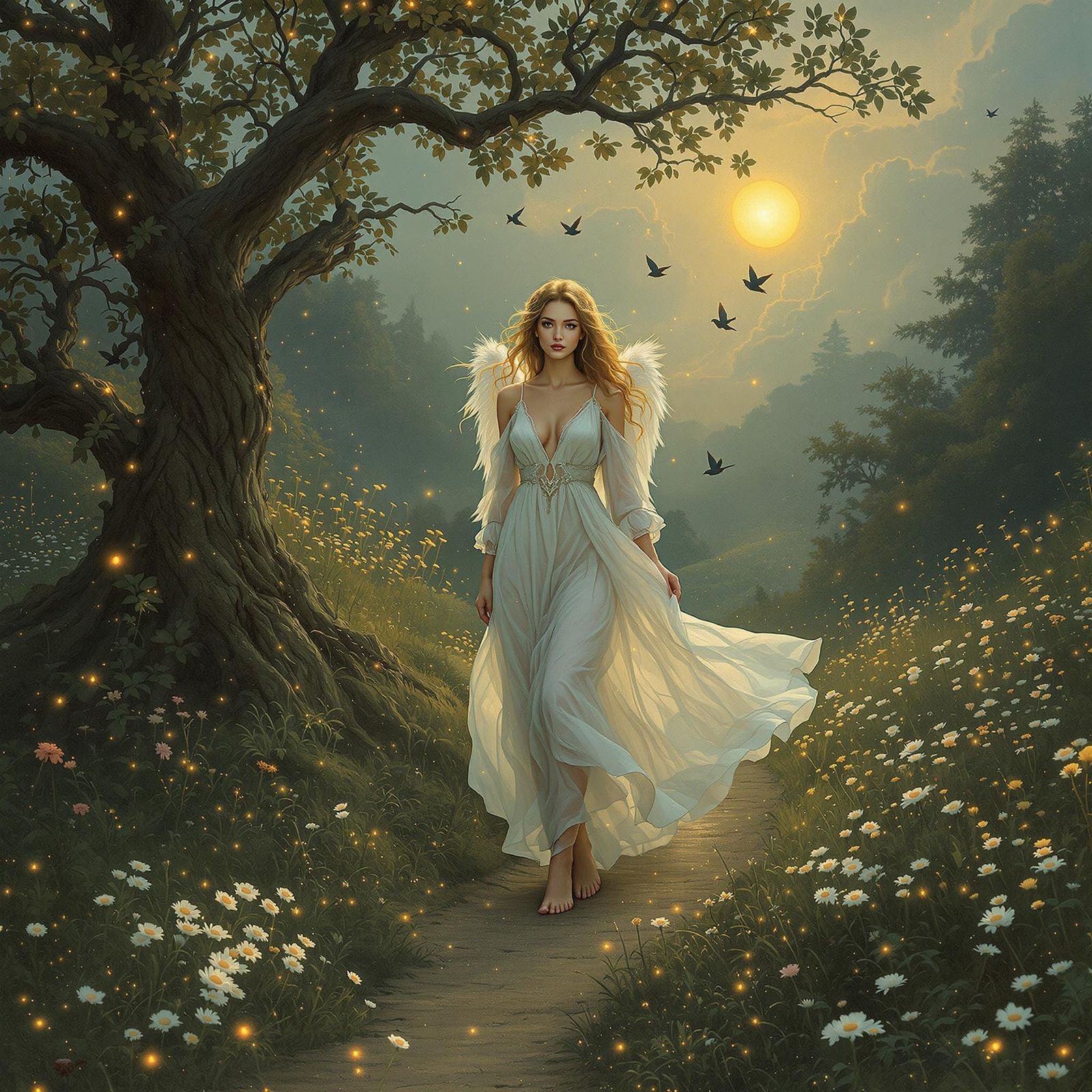 Serene Ferry Goddess Walks Barefoot Through Enchanted Forest