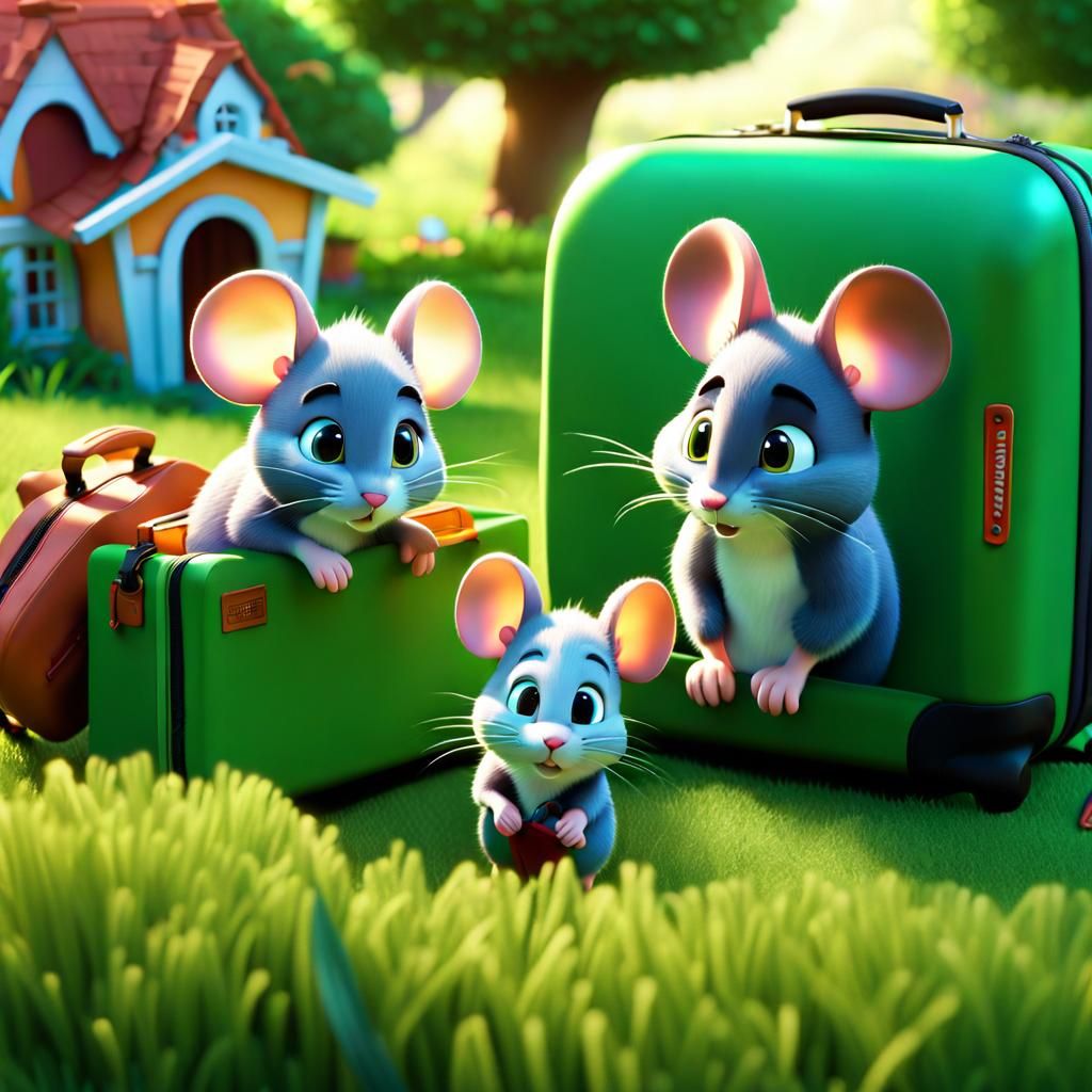 Mice Moving Out, Sad Cat Friend, Pixar-Style 3D Anime