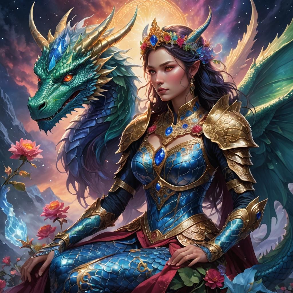 Ruby Knight Rides Sapphire Dragon: Hyperrealistic Portrait