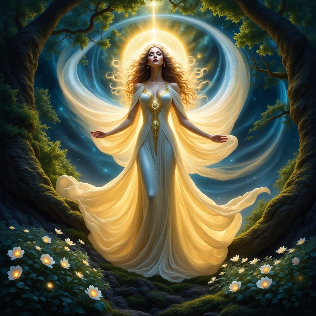 A majestic goddess, draped in flowing robes woven from starl...
