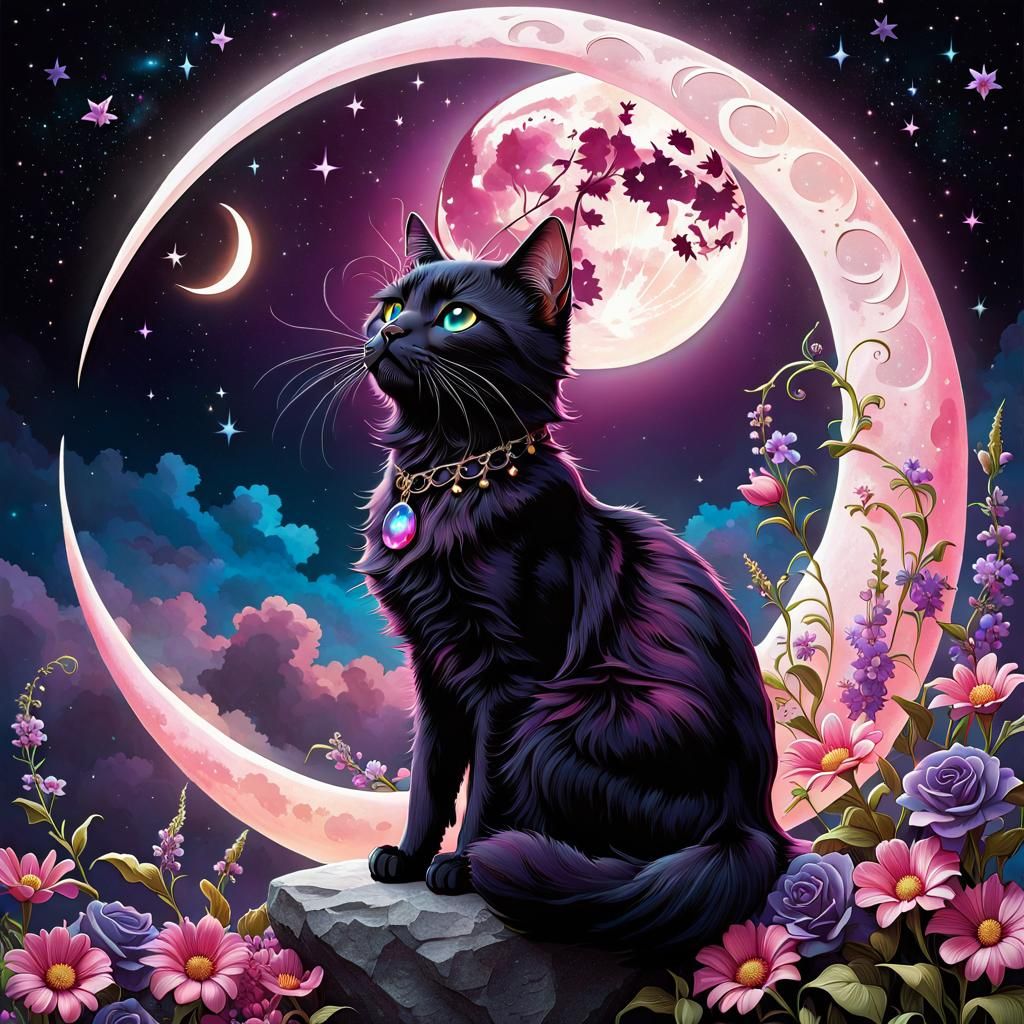 Black Cat on Moon with Moon Witch in Fantasy Sky
