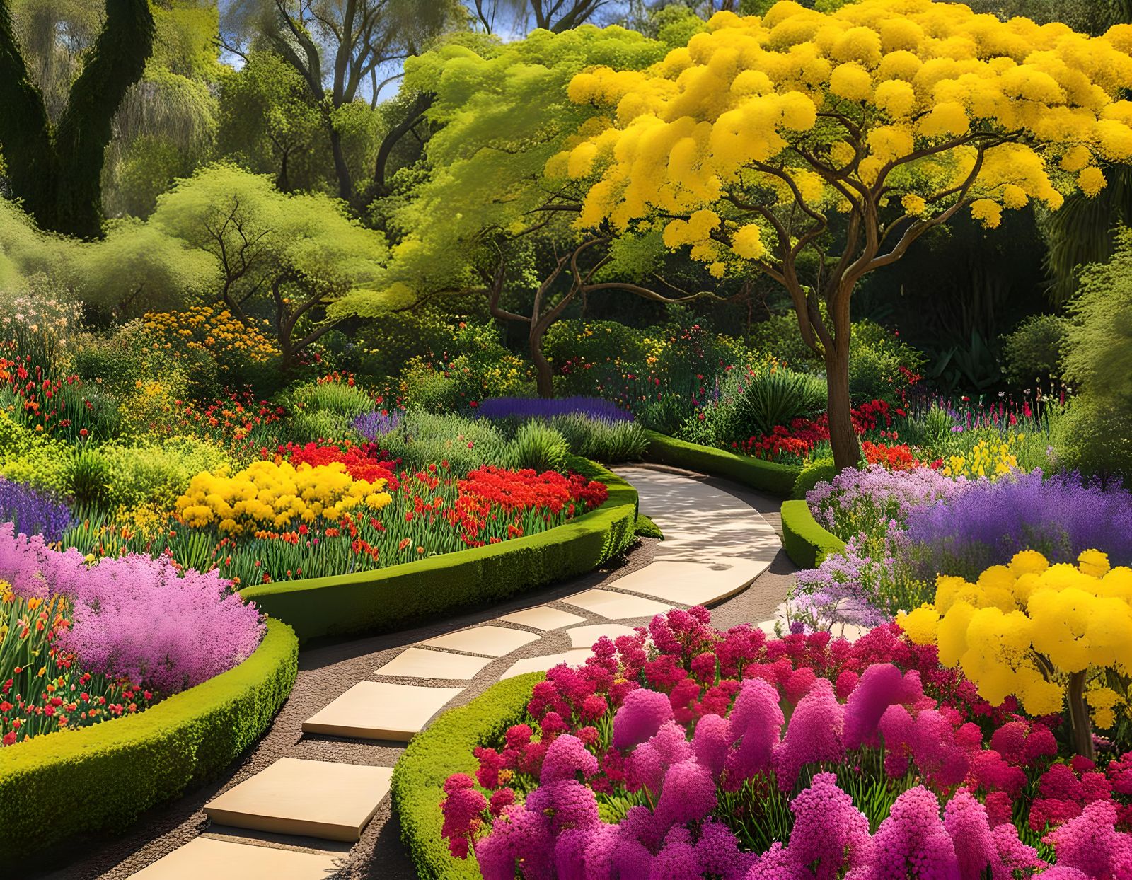 Spring Garden in Full Bloom on Sunny Day