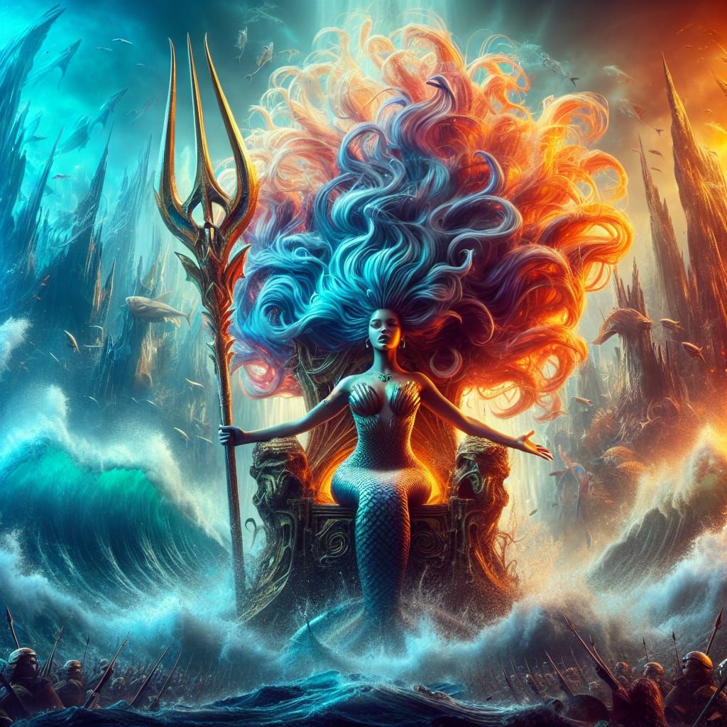 Majestic Mermaid Queen on Atlantis Throne: Hyperrealistic Ar...