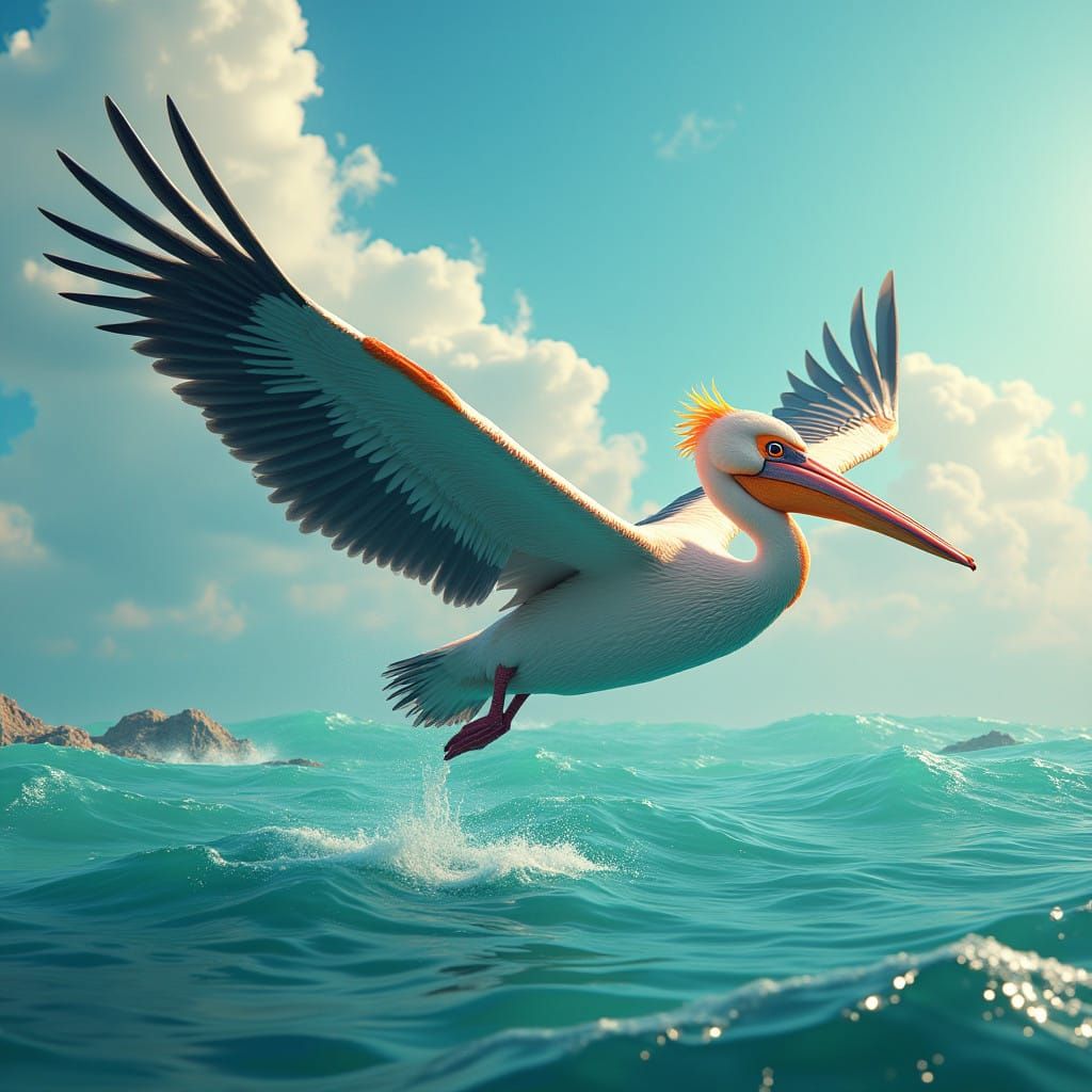 Pelican Soars Over Serene Ocean in Vibrant 8K Digital Art