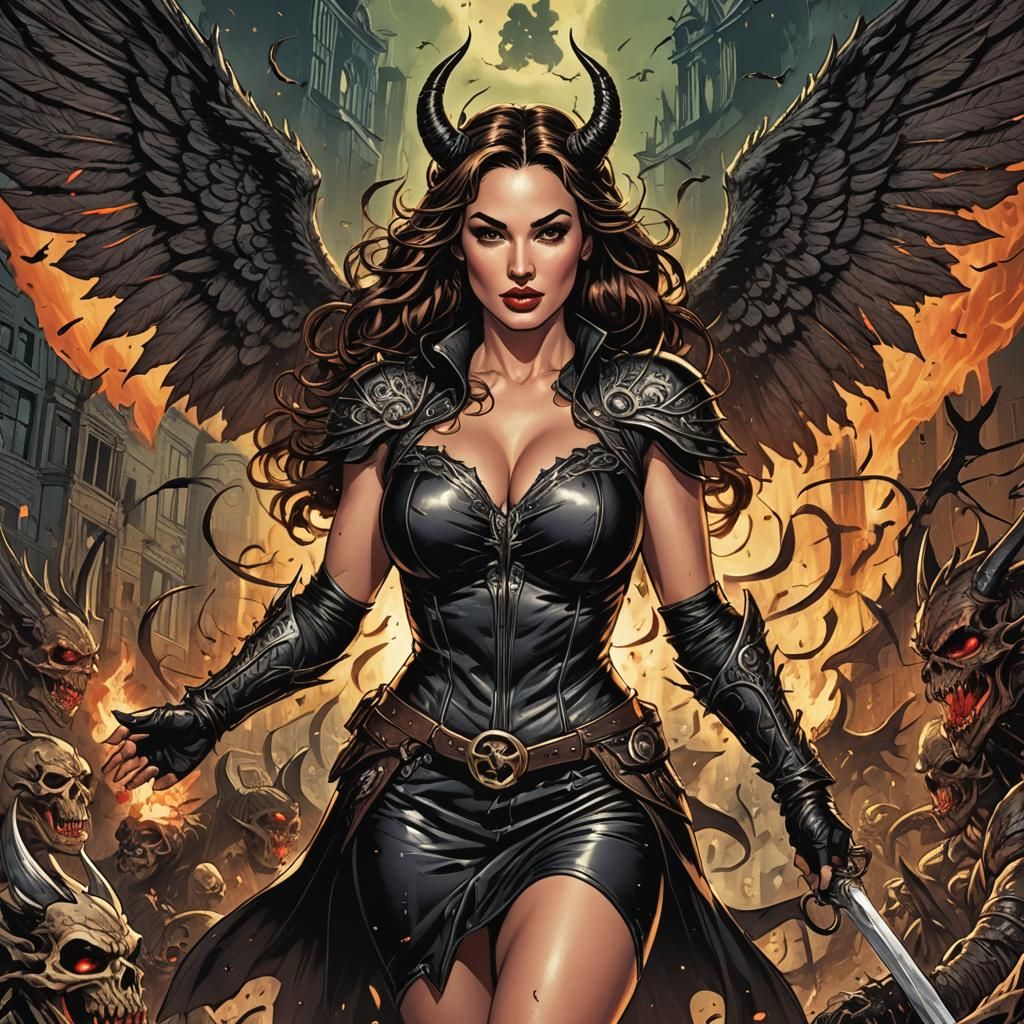 Winged Demoness in Comic Book Style Destroys City