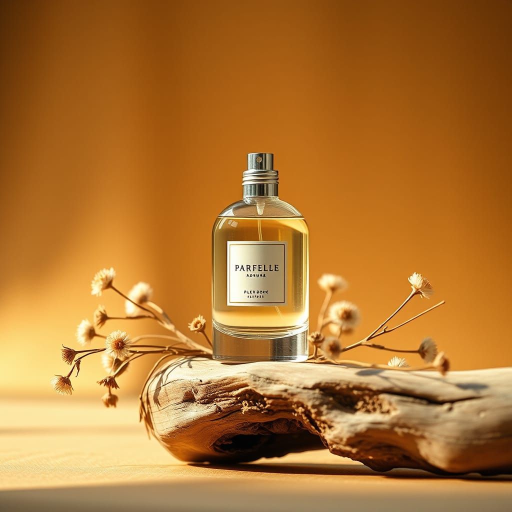 Hyperrealistic Perfume Bottle on Driftwood in Cinematic 35mm...