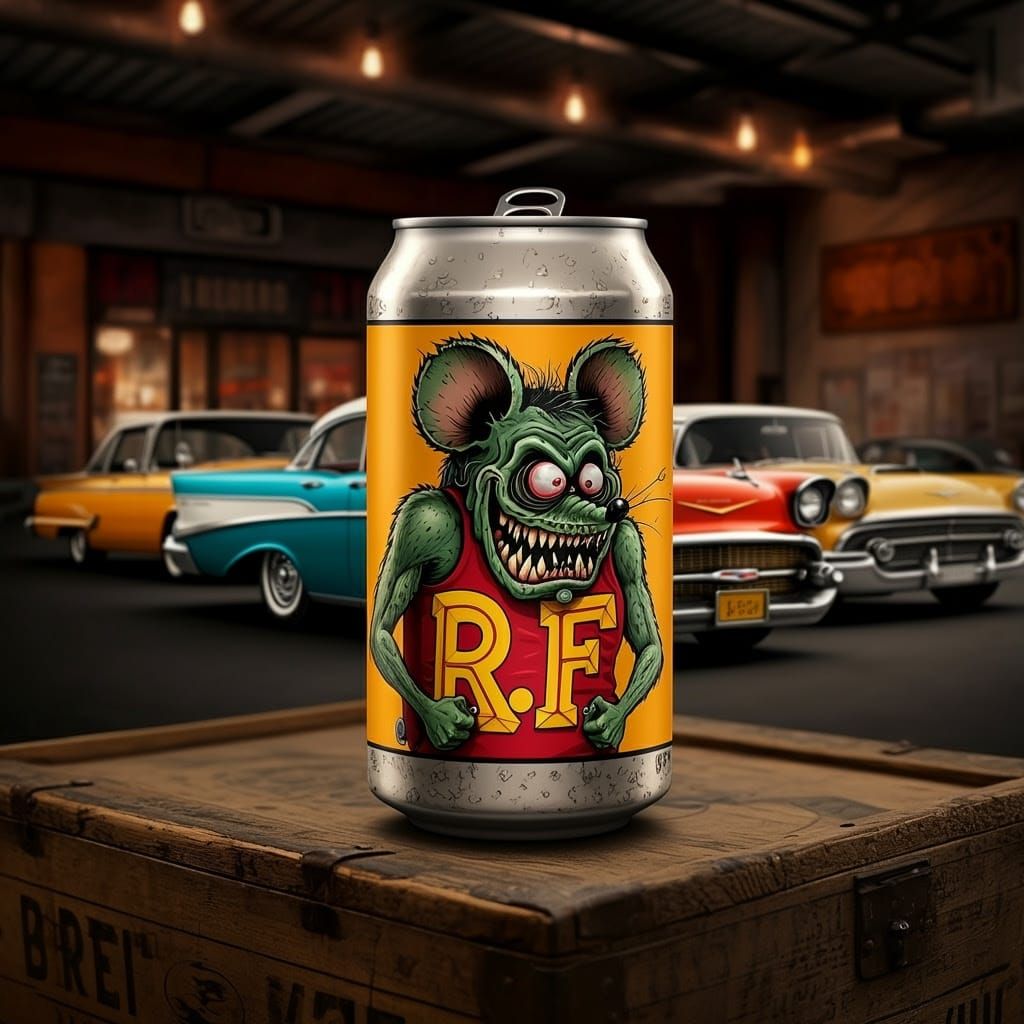 Rat Fink Beer Can Illustration in Retro Style