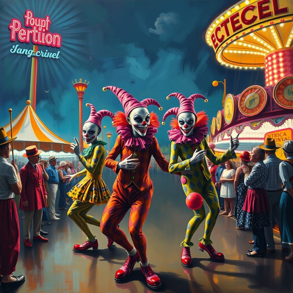 Carnival of Dancing Clown Hybrids in Surreal Oil Painting