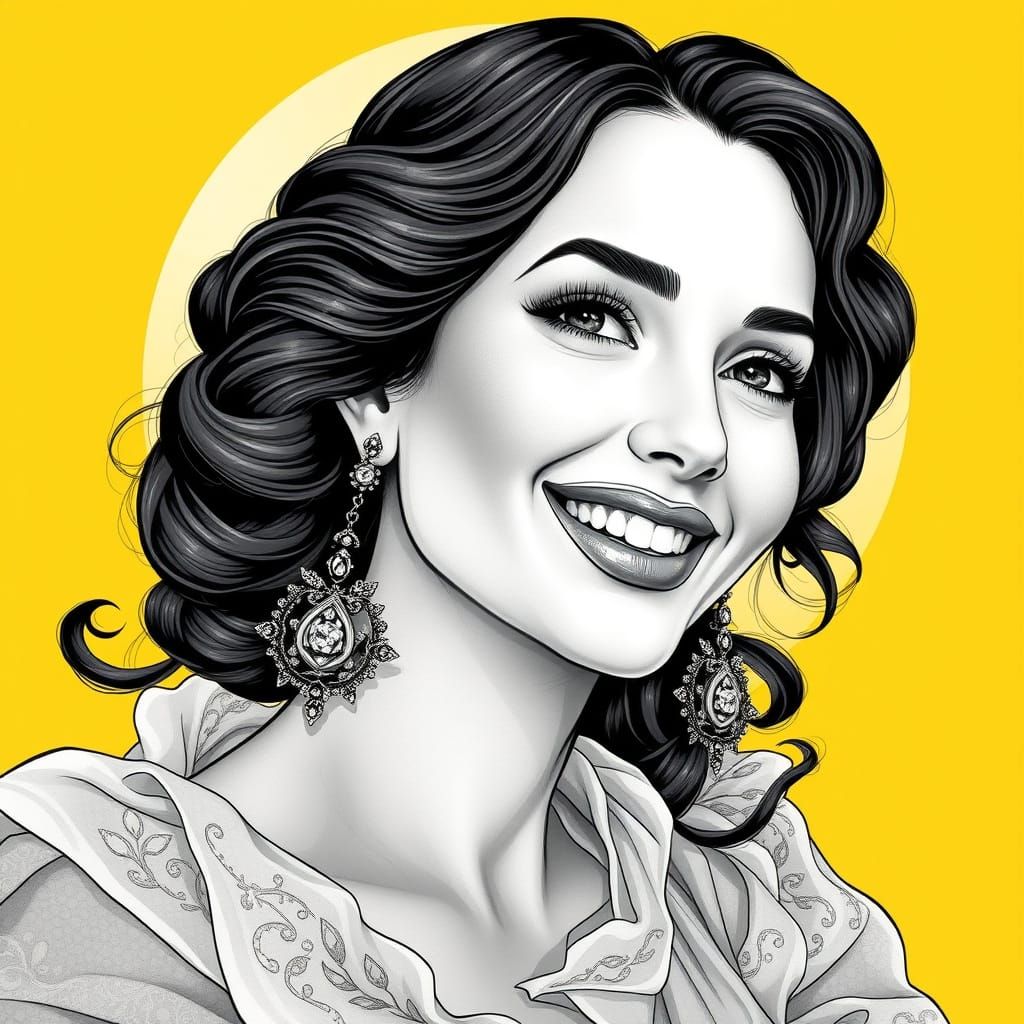 Beautiful Spanish Woman Smiles with Diamond in Art Nouveau S...