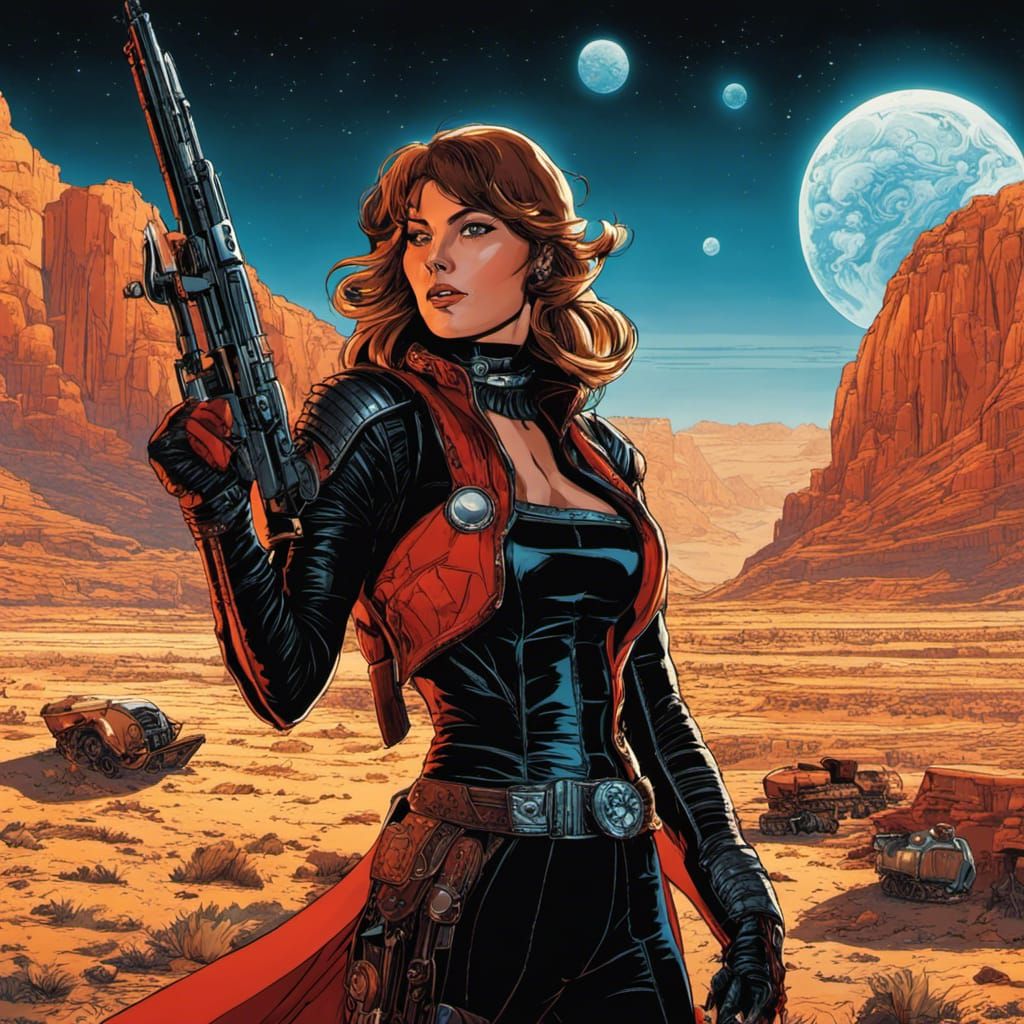 Space Spaghetti Western Gunwoman in Sci-Fi Style