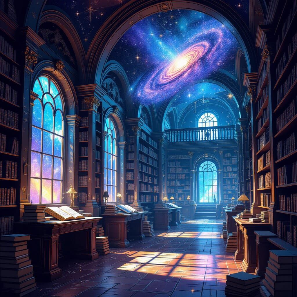Cosmic Library in Swirling Galaxy: Digital Painting