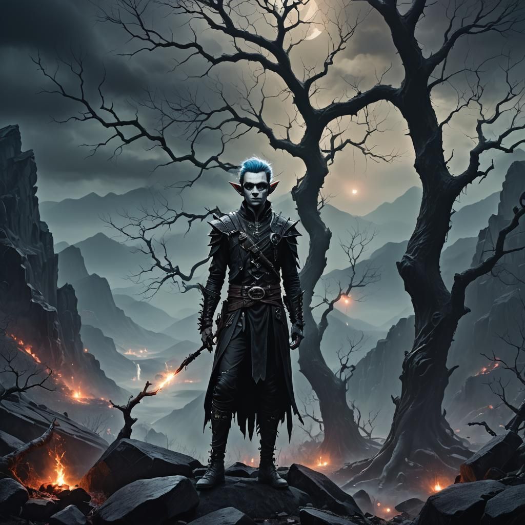 Punk Goth Elf in Misty Mountains: Dark Romantic Portrait