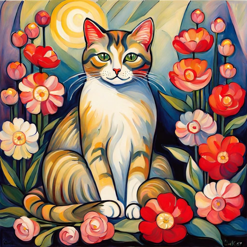 Cute Cat Surrounded by Flowers in Bold Style