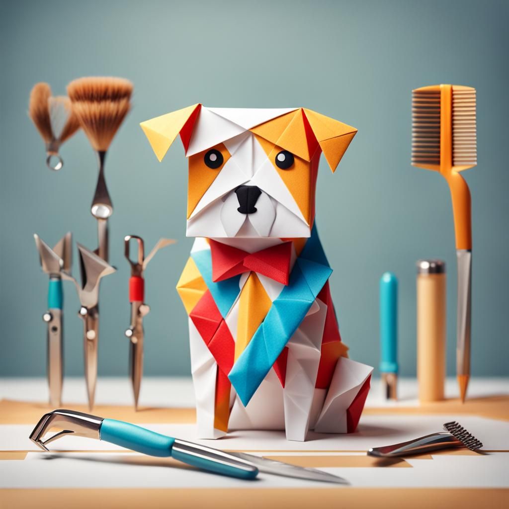 Origami Barber Dog Logo in Papercraft Style