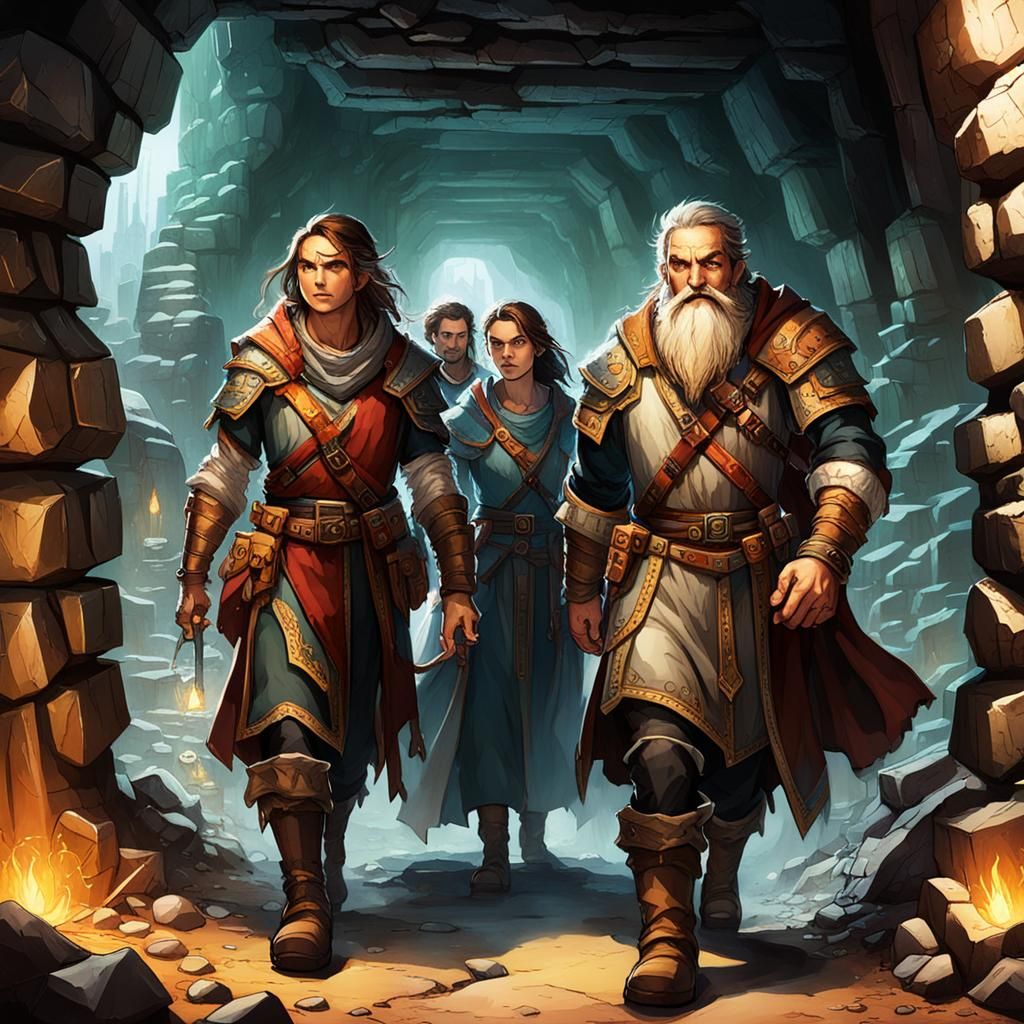 2 boys and 2 girls walking through a dwarven mine in wonderment