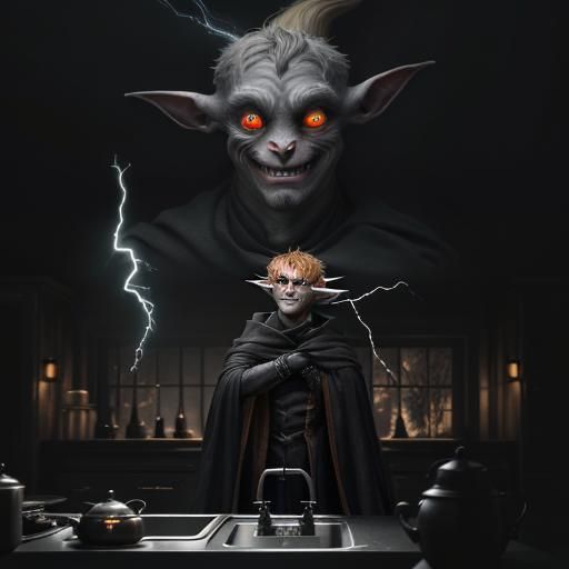 Grotesque Demon Stares with Evil Eyes in Dark Kitchen