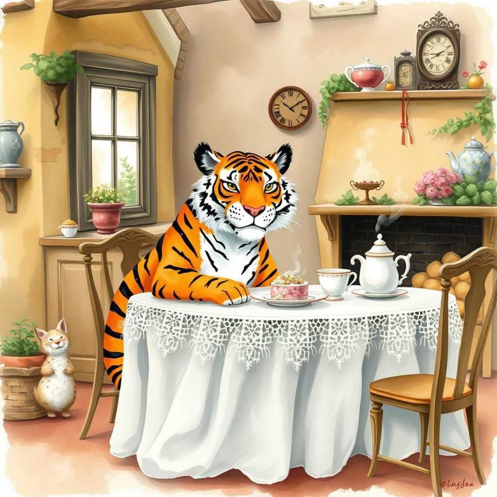 Whimsical Tiger at a Tea Party in a Cozy English Cottage
