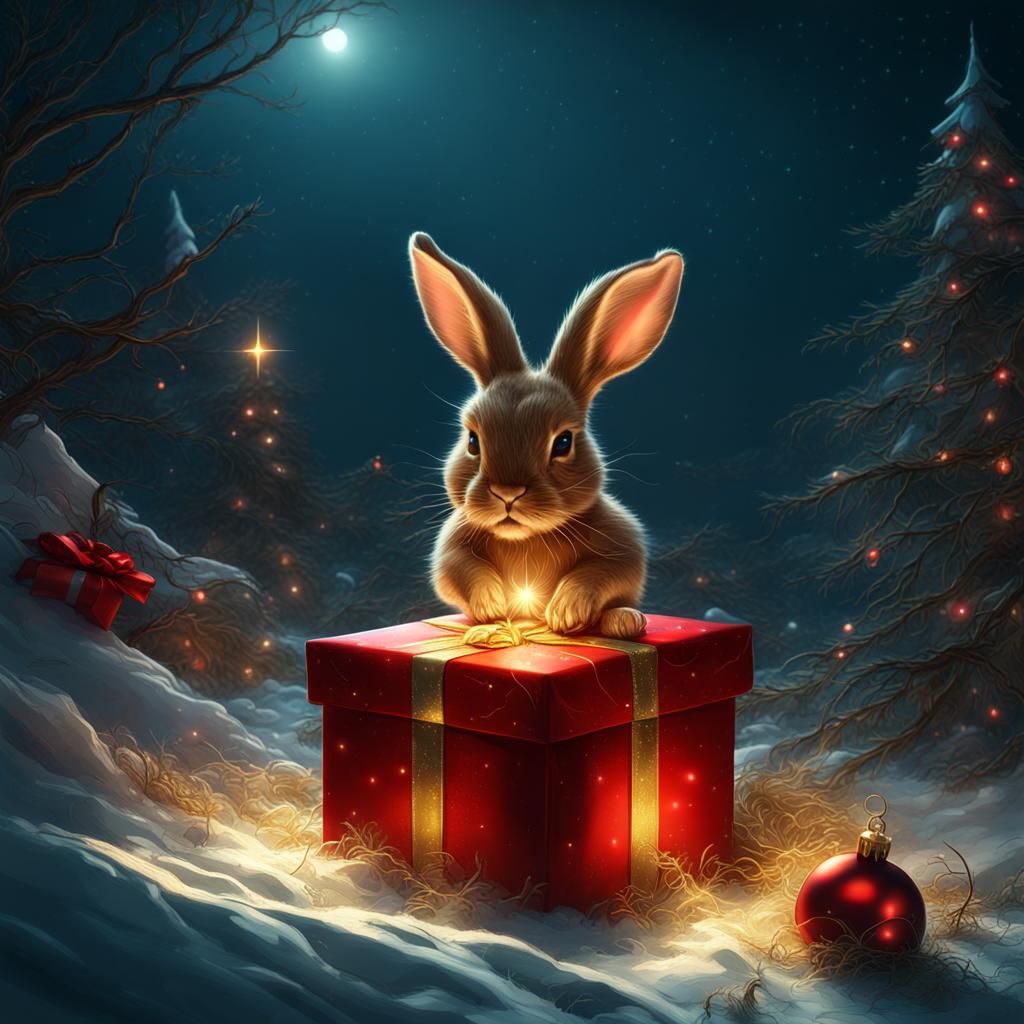 Glowing Christmas Gifts with Bunny, Fantasy Art