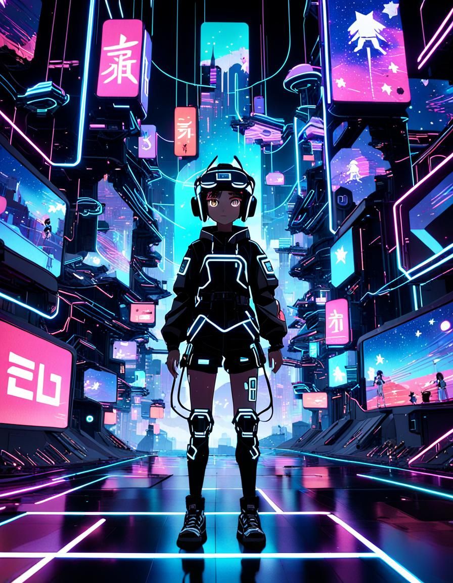 Futuristic Anime VR Character in Neon Digital World