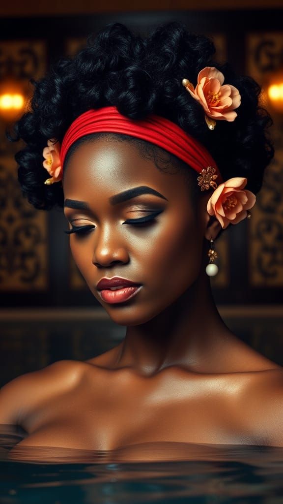 African American Woman in Contemplative Pose in Water