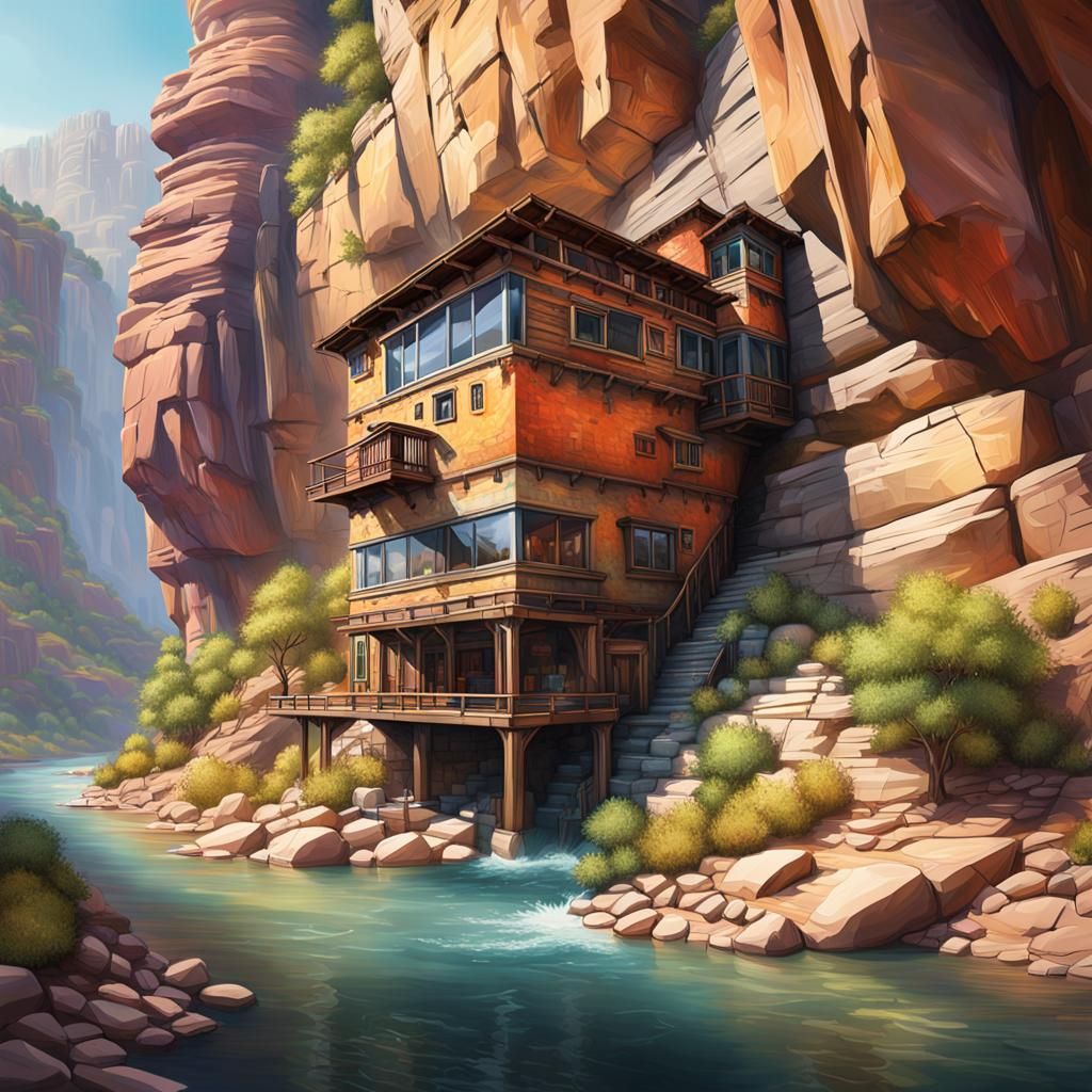 Hyperrealistic Cliffside Dwelling Overlooking River Canyon