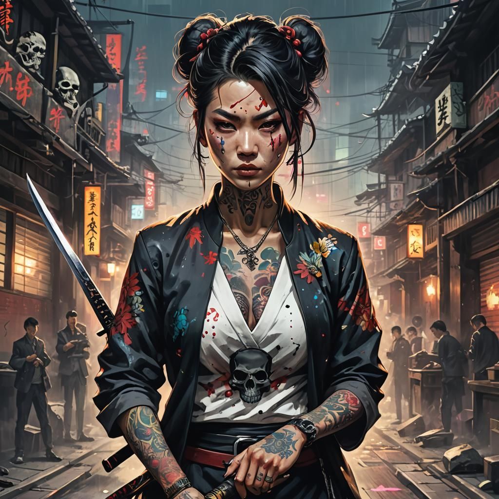 Yakuza Woman with Samurai Sword in a Dark Street