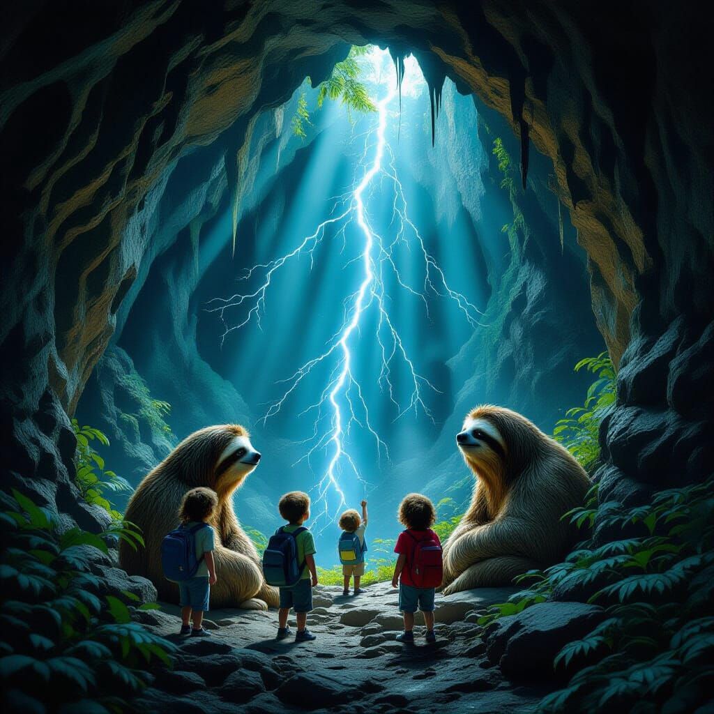 Children Find Hidden Sloth Guardians in Lightning-Lit Cave