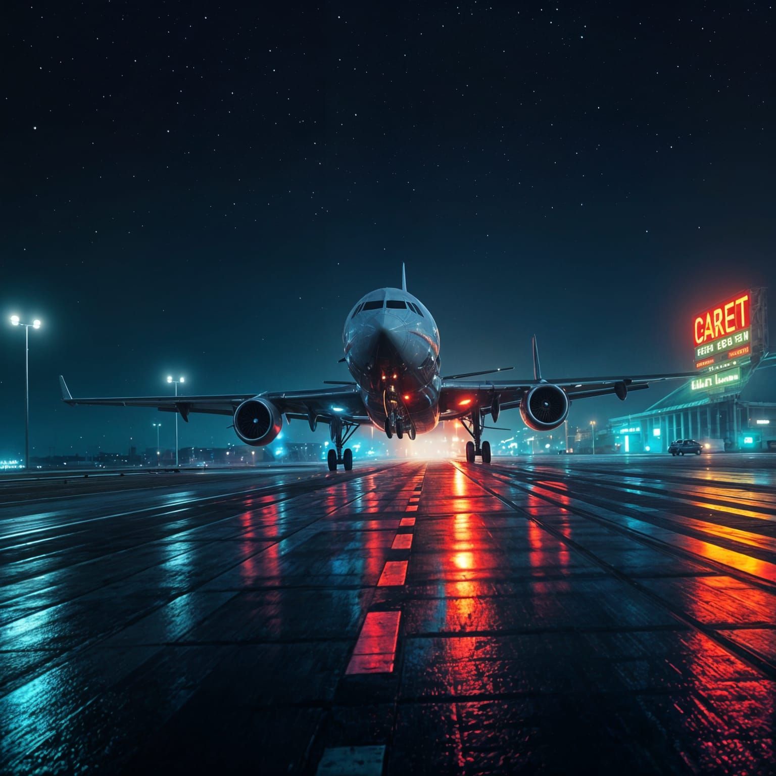 Sleek Airliner Blazes Down Runway Under Star-Studded Night S...