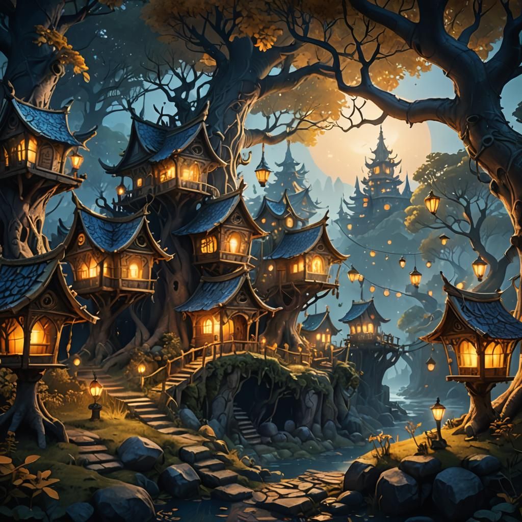 Mystical Village Concept Art in Woodland Setting