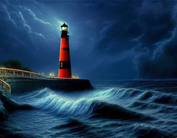 Lighthouse in Stormy Night, Thomas Kinkade Style